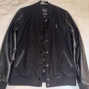 Obey Men’s Black Leather Bomber Varsity Jacket